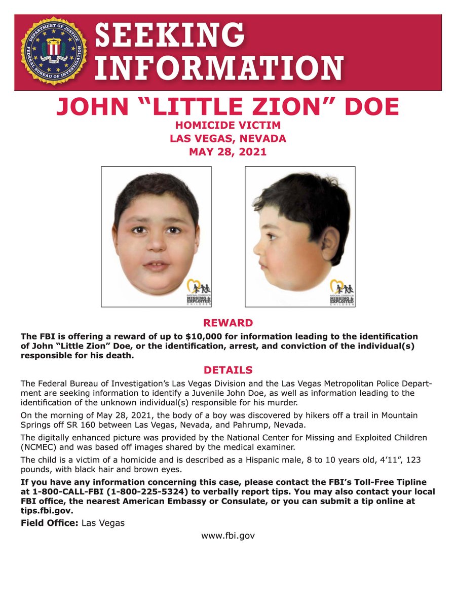 traciwilson's tweet photo. If you follow me, please retweet.  This child could be from anywhere!  FBI offering $10,000 reward for help identifying child found dead on trail. If you have any information, please contact LVMPD at (702) 828-3521 or (702) 828-2907, or the FBI at 1-800-225-5324. https://t.co/EDjzvqHVud