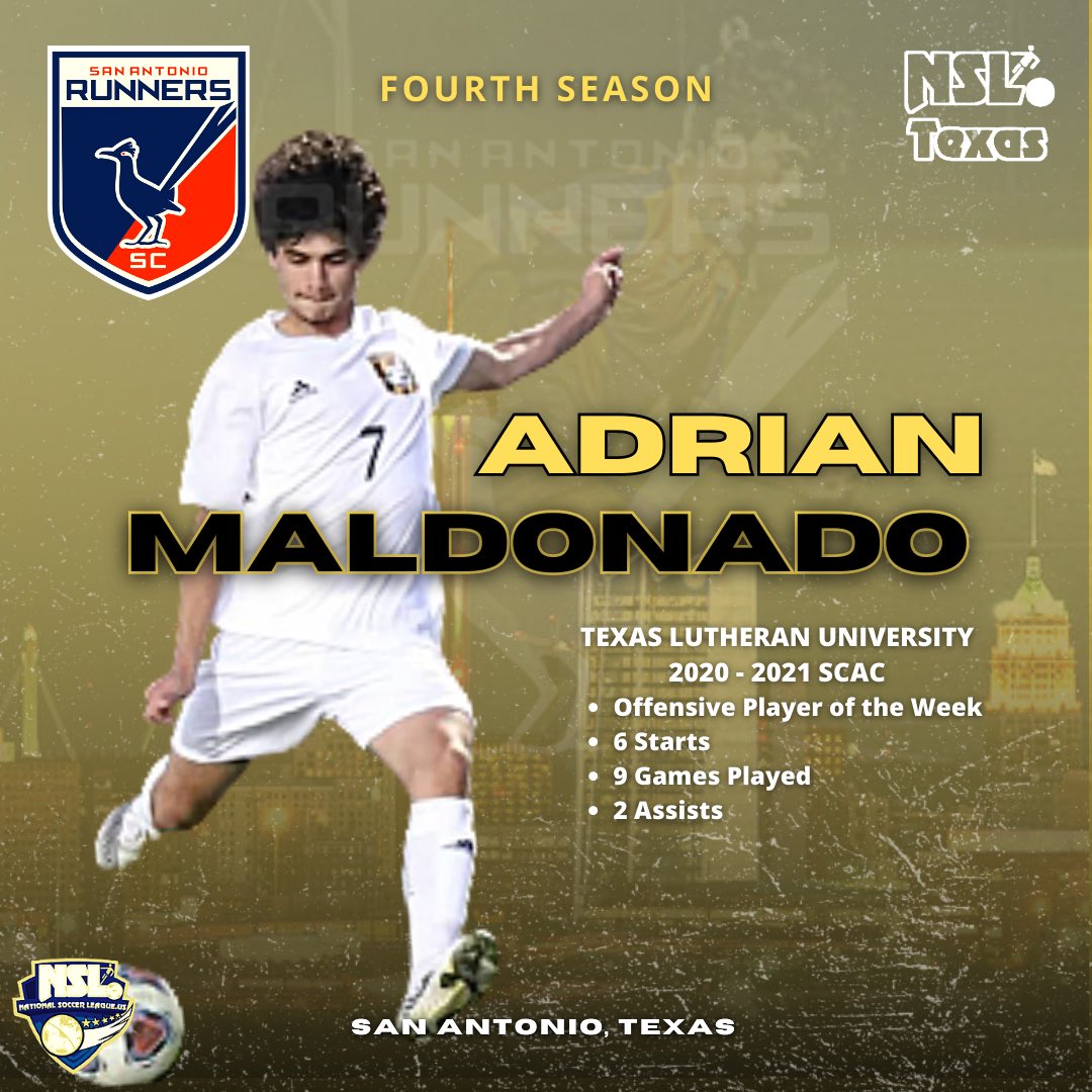 sarunnerssc's tweet photo. 🚨Player Announcment!🚨

We are happy to announce the return of Adrian Maldonado (@AdrianMald8 ) for his fourth season with us! 

Adrian returns off his first season with TLU playing in all 9 games and starting 6 of them. 

#sarunnerssc #nslsoccer #fastestfeetintown #sanantonio https://t.co/AaoM60TriY
