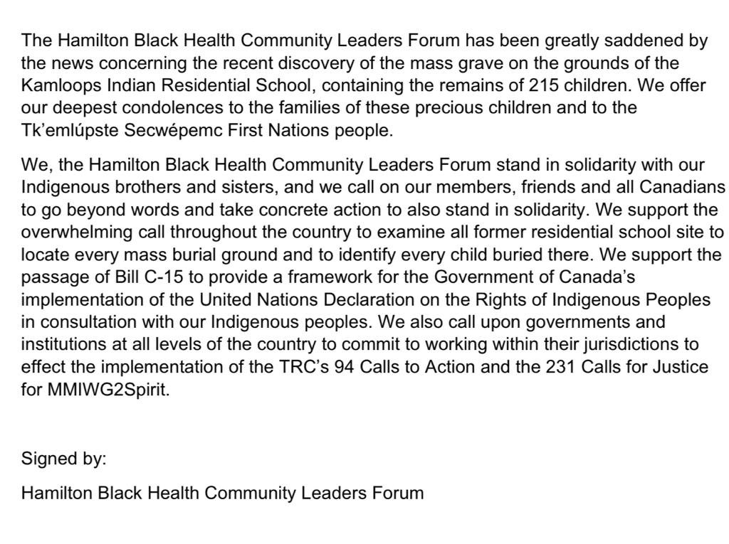 Ham_BlackHealth's tweet photo. The Hamilton Black Health Community Leaders stand in solidarity with our Indigenous Peoples. https://t.co/aqMm3JoJyw