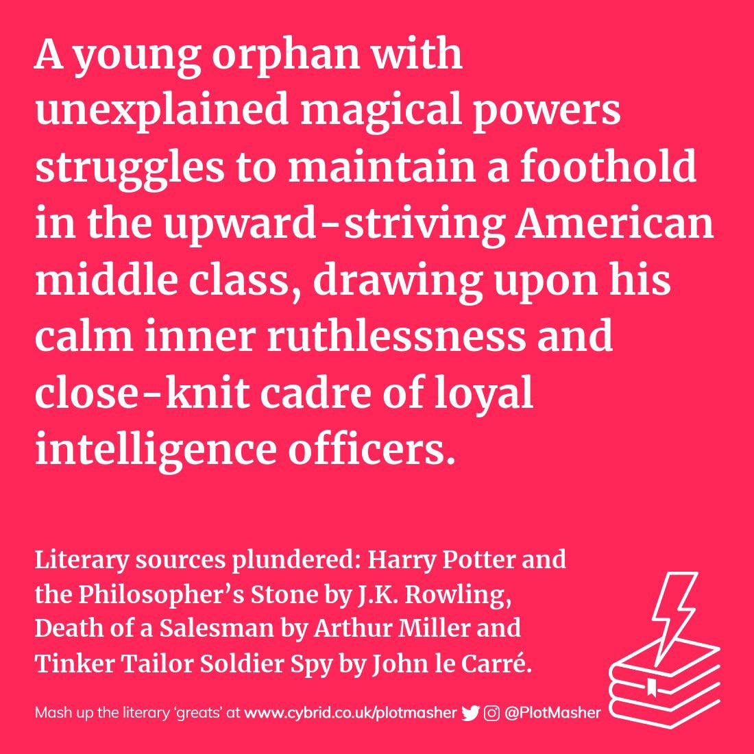 PlotMasher's tweet photo. 📚 I made this splendid literary mashup at @PlotMasher. For #PlotIdeas, #PlotPrompts or #WritersBlock, mashup your own at --> https://t.co/qWbi3pT1II <-- #JKRowling #ArthurMiller #JohnLeCarré #Mashup #Books #Literature https://t.co/YKx0MOO8mM