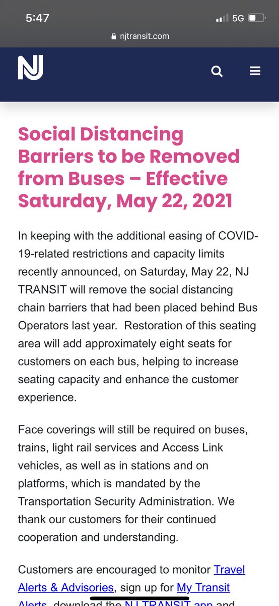 Giustavi13's tweet photo. @NJTRANSIT_NBUS @NJTRANSIT bus route 119, bus 6033- has social distancing barriers- website says they were down 5/22. Was full bus w/ 3 standing would have helped having seats open. The driver told me I was wrong- driver even refused to pick up some1. Why aren’t the 8 seats open? https://t.co/w8G7oZFBKx