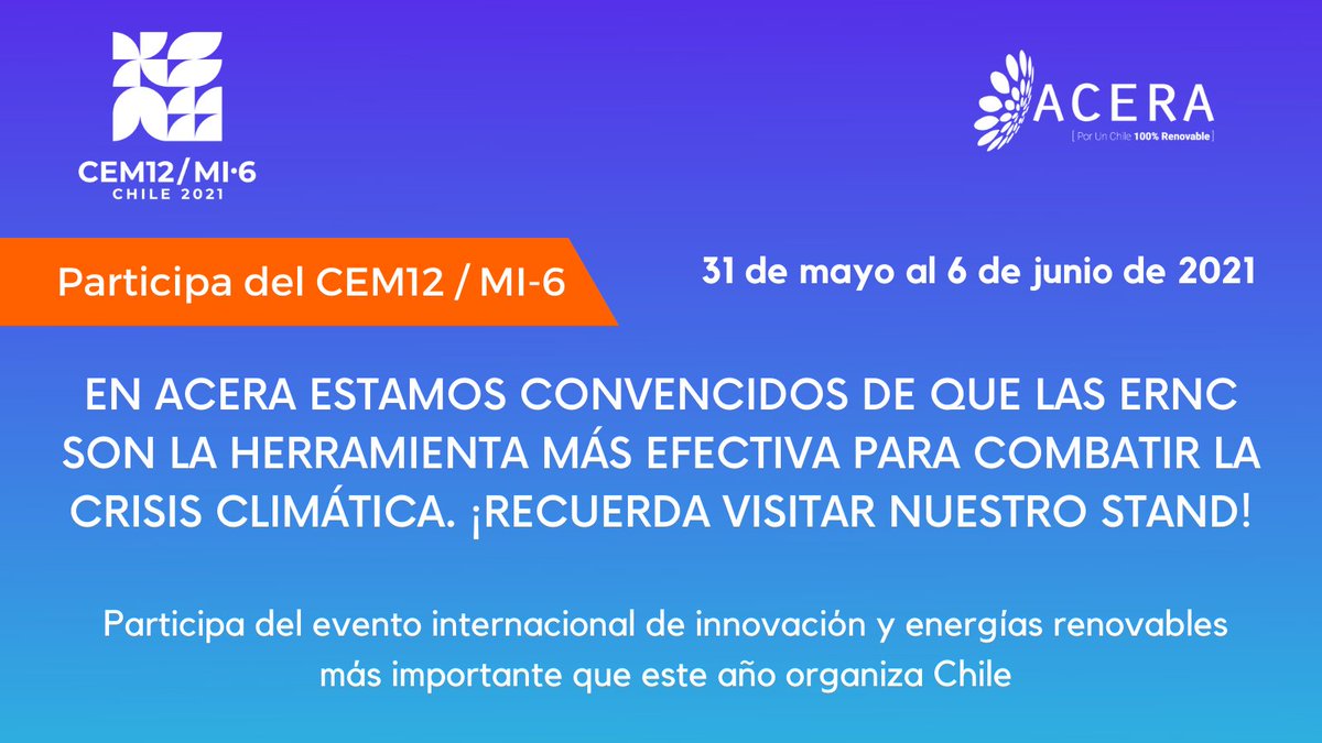 ACERAAG's tweet photo. Aún estás a tiempo de visitar el stand que preparamos para @Cem12Mi6Chile en colaboración con @RedRenovable 🙌 ¡Te esperamos! ▶️ https://t.co/VGv9ZiqgBb
#CEM12MI6CL #CleanEnergy #RedREN https://t.co/ZTSyZ2k2sE