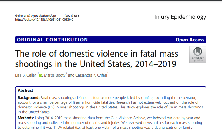 a_peterman's tweet photo. Good morning! 

If you care abt mass shootings in US, you should care about domestic violence 

New pub by @lisabgeller @marisa_db23 &amp; @DrCrifasi
shows:

✅59% were DV-related
✅62% prep killed partner/family member or w/ history of DV

@CSGV @JHU_GVP 👉🏽
https://t.co/vCioWzA96R https://t.co/s5JcwwE87P