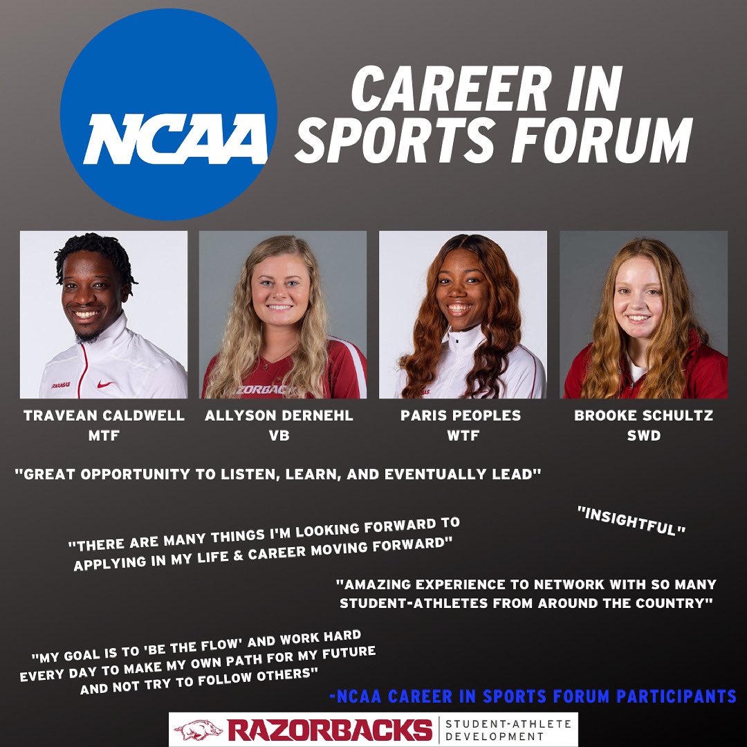 RazorbackSADev's tweet photo. S/O to these Razorbacks who were accepted to participate in the NCAA Career in Sports Forum! They each had the opportunity to explore professional development strategies and learn to use their personal strengths to intersect with career opportunities! #DevelopAsOneRazorback https://t.co/wJdfkpqP2S
