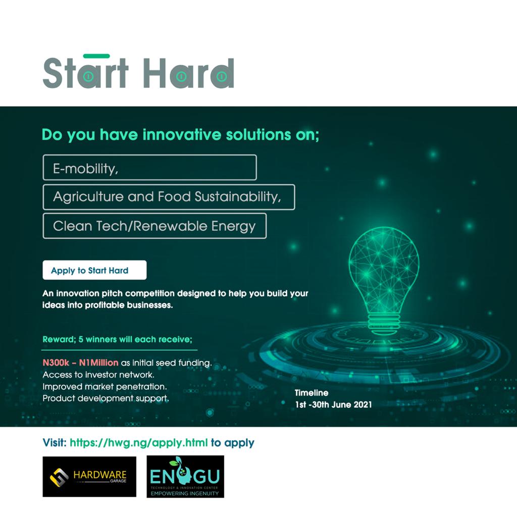 APPLY – Over N1m for grabs in Hardware Garage’s StartHard Competition 1.0.

Competition rings new hope for Hardware sector in Nigeria.
hwg.ng/apply.html