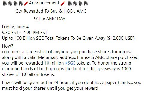SOGE_space's tweet photo. AMC X SGE GIVEAWAY! Join the Facebook group and comment here: https://t.co/vx7nZjZefq

#AMC #SGE #HODL #STOCK #CRYPTO #SPACE https://t.co/Dxn5WUGGjL