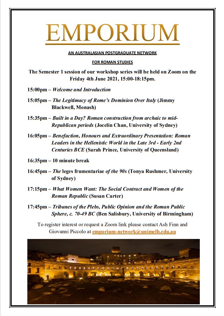 June 4 #online Melbourne <a href="/NetworkEmporium/">Emporium Network</a> Emporium Network (Australasian Postgraduate Network for Roman Studies) Workshop - Zoom - DM/email emporium-network@unimelb.edu.au