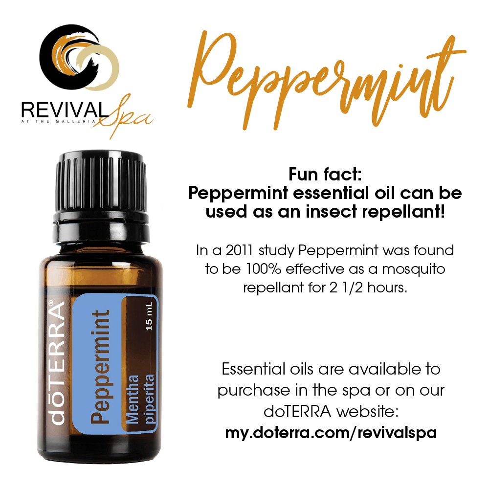 Camping Season is in full swing -- did you know peppermint can help with those pesky bugs?!?

The high menthol content of the doTERRA Peppermint oil sets it apart from others when it comes to quality—making it one of our best-selling favorites!

my.doterra.com/revivalspa