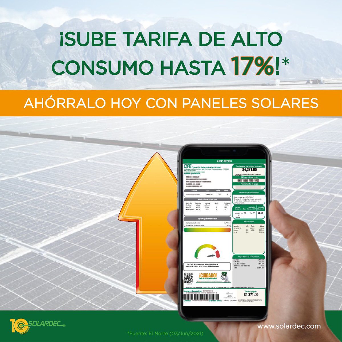 solardec's tweet photo. NOTICIA DE ÚLTIMO MOMENTO: El día de hoy el periódico El Norte, nos informó que habrá un aumento de tarifa, por lo que notaremos que llegará más caro nuestro recibo de luz.  AHORRA ese gasto con Paneles Solares.Encuéntranos en https://t.co/wYLGktlU2N Fuente: El Norte(2021). https://t.co/9u1Fqq9kPP