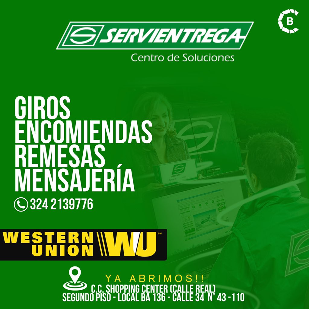 centrobaq's tweet photo. Servientrega centro de soluciones en el corazón de barranquilla @shoppingcallereal 
•Giros
•Encomiendas
•Remesas
•Mensajería

📍c.c. shopping center calle real
Segundo piso - Local BA 136
Calle 34 N° 43 - 110 
📲 3242139776
.
.
#CentroBarranquilla #ElCentroVive #ViveElCentro https://t.co/ibATdh24ok