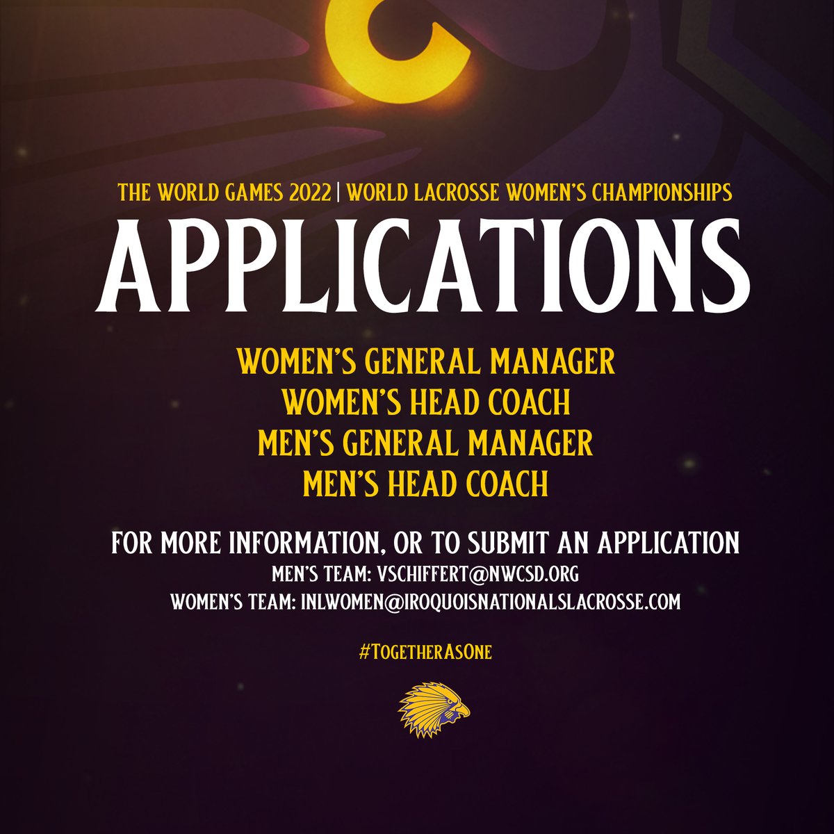 Haudenosaunee Nationals Lacrosse (@hau_nationals) on Twitter photo We are now accepting applications for <a href="/TWG2022/">The World Games 2022 Birmingham</a> and <a href="/WorldLax2022/">2022 Women's World Lacrosse Championship</a> Coaching and General Manager positions!
For more information or to submit and application, please email
M - vschiffert@nwcsd.org
W - INLwomen@iroquoisnationalslacrosse.com
#TogetherAsOne We are now accepting applications for <a href="/TWG2022/">The World Games 2022 Birmingham</a> and <a href="/WorldLax2022/">2022 Women's World Lacrosse Championship</a> Coaching and General Manager positions!
For more information or to submit and application, please email
M - vschiffert@nwcsd.org
W - INLwomen@iroquoisnationalslacrosse.com
#TogetherAsOne