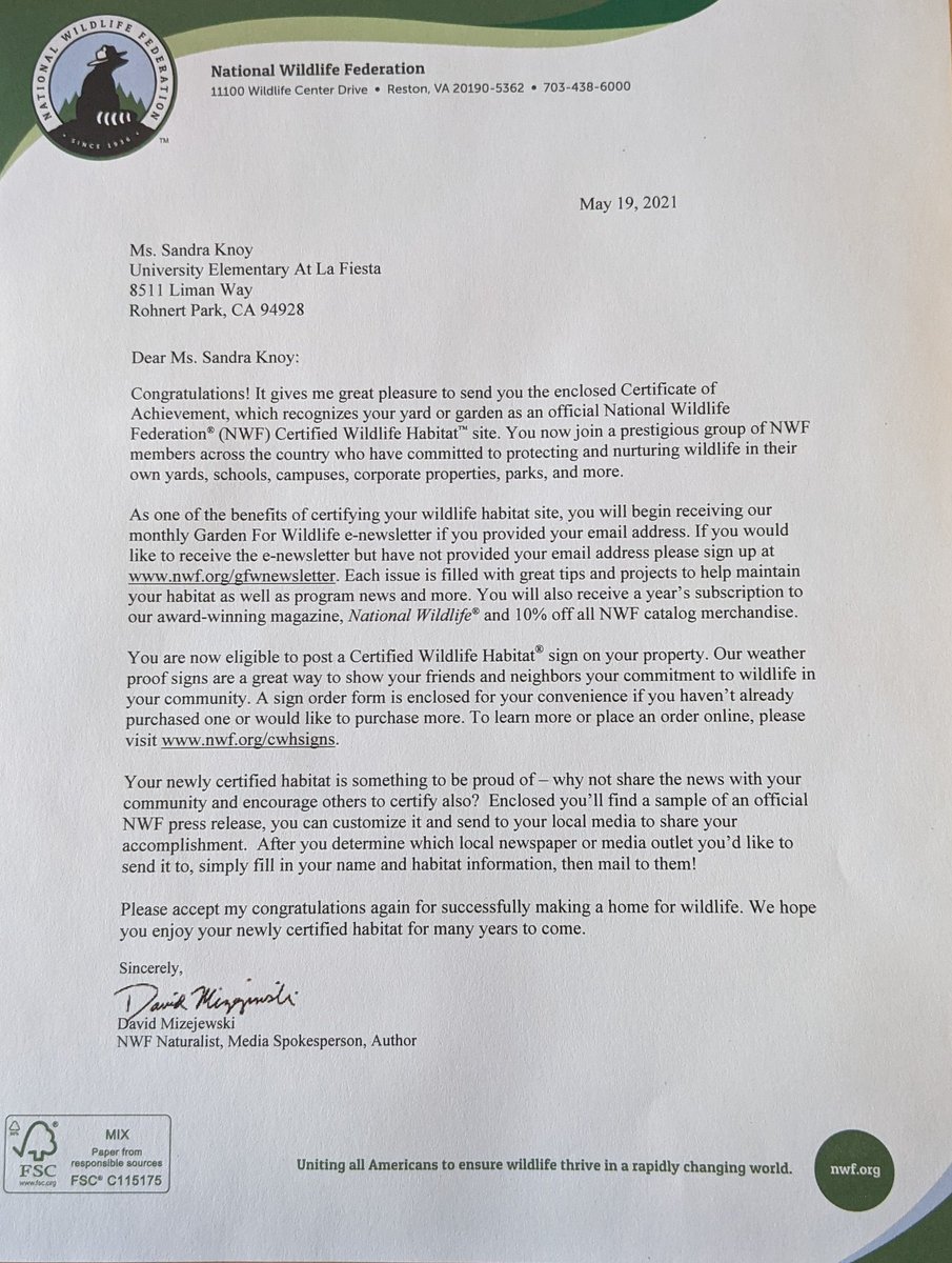 The UELF Garden is now NWF certified!  I'm so excited that our hard work helped make this possible. #UELFGarden <a href="/LundeChristina/">Christina Lunde</a> <a href="/UELFSEAWOLVES1/">UELFSEAWOLVES</a> <a href="/UELF_PTA/">UELF PTA</a> @schoolgardens <a href="/dailystem/">dailySTEM Chris Woods</a> <a href="/EBTSOYP/">ExploringByTheSeat - Find us on BlueSky</a> <a href="/Proud2BeCRPUSD/">CRPUSD</a> <a href="/NWF/">National Wildlife Federation</a> <a href="/NOAA/">NOAA</a> <a href="/OfficialNGSS/">Next Generation Science Standards</a> <a href="/CAEOE/">JLS</a> <a href="/SCOESonoma/">SCOE Sonoma</a>