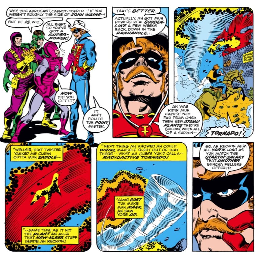 CrazyforRAMU's tweet photo. When #RoyThomas &amp; #GeorgePerez needed awful recruits for the #FrightfulFour, they screwed up &amp; created #TexasTwister, who is even awesome-er than he looks.

From #FantasticFour 177, 1976. On #MarvelUnlimited.

#BronzeAgeComics #RadioactiveTornado #ImpeccableFashionSense https://t.co/TqqpI0MSH2