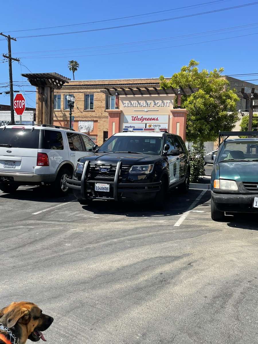 MeloMarisaP's tweet photo. @Walgreens Progress! Today’s OPD vehicle is parked in an actual parking spot rather than intimidatingly on sidewalk next to the store entrance. Foothill x Brancroft at Seminary Point. 👍 https://t.co/Rr4jh8HmI5