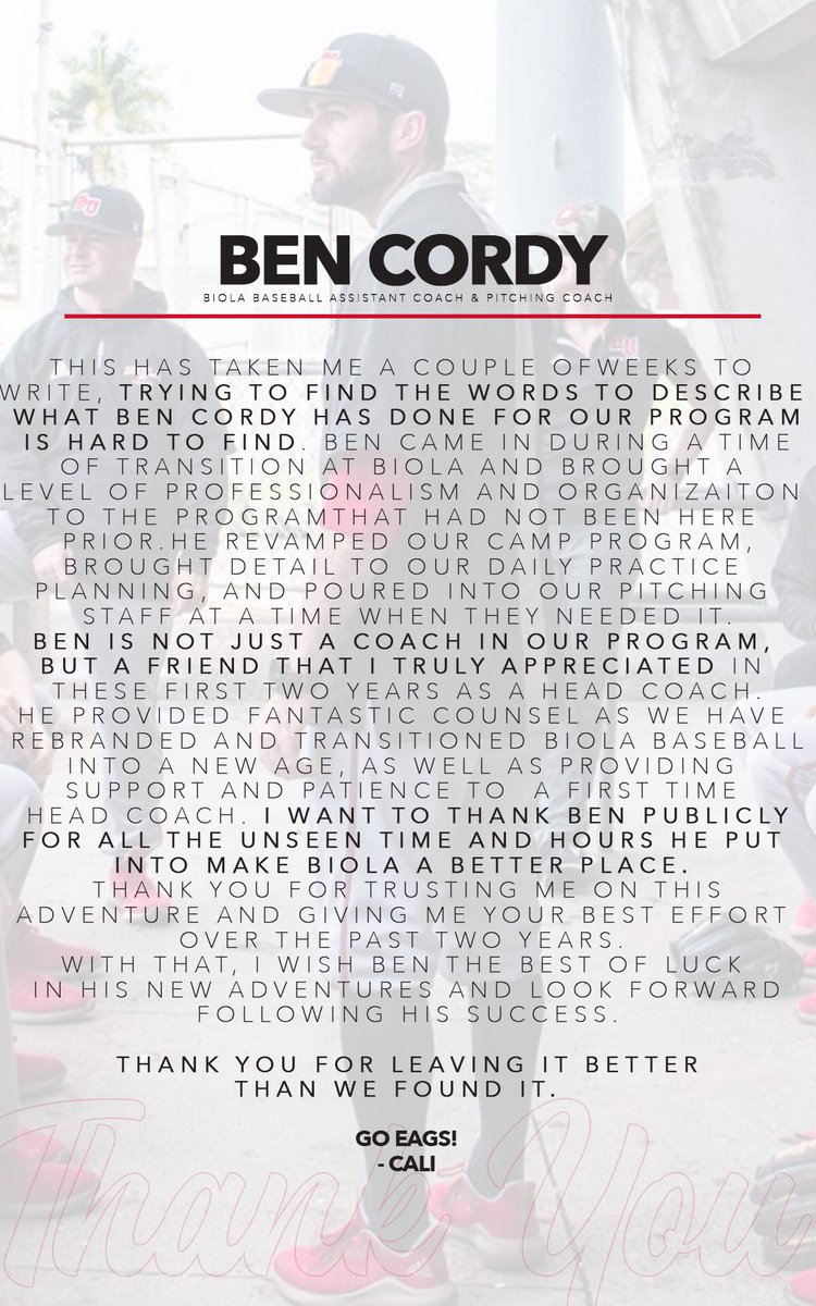 CoachCalhoon's tweet photo. Wanted to take a minute to thank my friend @BenCordy3 for all his support and efforts in helping make Biola a better place. From the bottom of my heart Ben, THANK YOU!! Starting my Head Coach career with you is something I’ll appreciate for as long as I put the uni on. #BB4L https://t.co/93rKxv3xtx