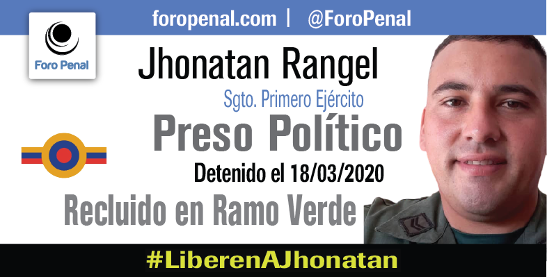 ForoPenal's tweet photo. El preso político, Sgto 1ro Jhonatan Rangel, requiere de atención médica ya que  sufre de graves problemas de salud como consecuencia de torturas y tratos cúreles, tal como él lo ha denunciado. Al día de hoy el Sargento no ha recibido atención médica. 
#LiberenAJhonatan https://t.co/3jtjbKHK4D