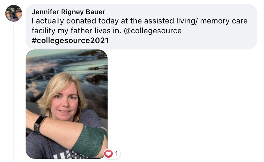 CollegeSource's tweet photo. Way to kick off our virtual #blooddrive! Jennifer of California State University, San Bernardino, got to spend time with her father while also donating blood. ♥️
Every donation counts. Will you be giving blood this month in your community? #virtualblooddrive #collegesource2021 https://t.co/OcwTsGHW1e