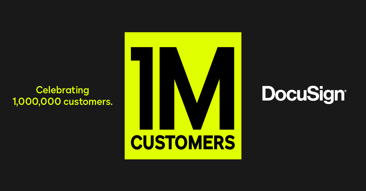 Docusign's tweet photo. Today we announced we surpassed the one million customer mark. Thank you to our customers who have helped us reach this milestone, we couldn’t be more thrilled about all that we have achieved together. https://t.co/o0mPBWkq0D