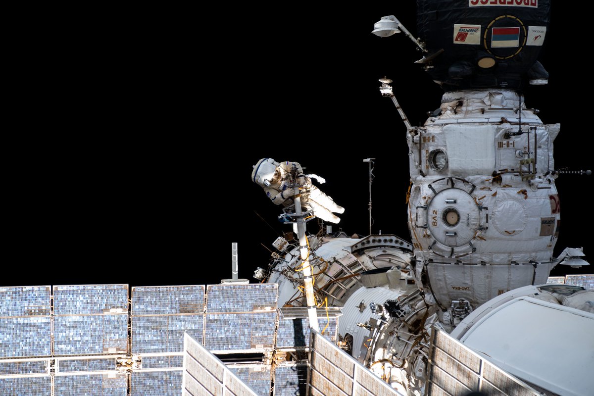 Expedition 65 Flight Engineer and Roscosmos cosmonaut Pyotr Dubrov is pictured during a seven-hour and 19-minute spacewalk to ready the Pirs docking compartment ahead of its upcoming departure.