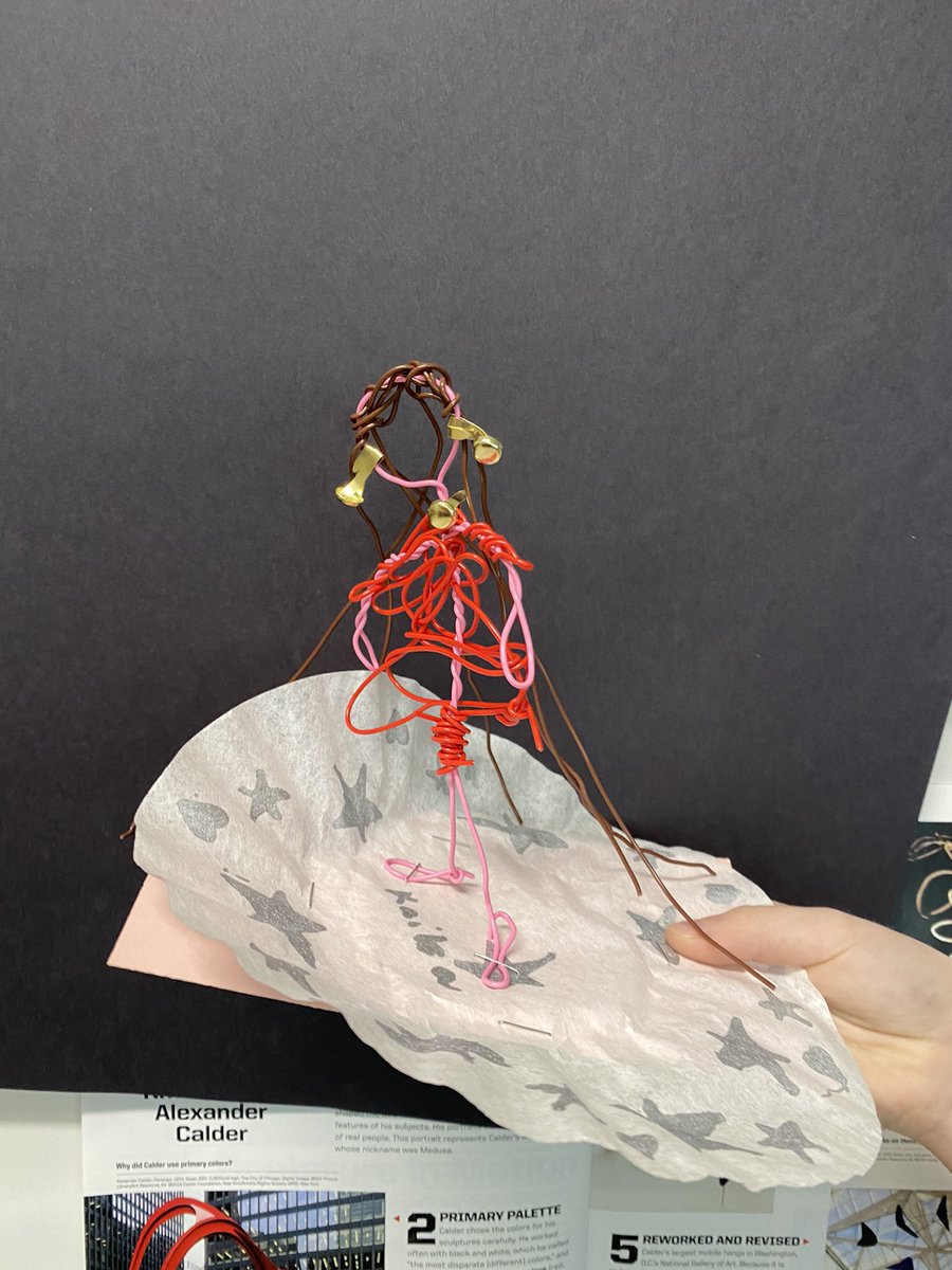 CarneyElemART's tweet photo. WIRE! Carney students making wonderful Wire Sculptures inspired by Calder. Virtual students finding fun with bread ties, paper clips, hangers and wire recycled from old face masks. I am inspired by their creativity and ingenuity @CarneyElem @BCPS_SPrice2 https://t.co/ICjXX4uHVE