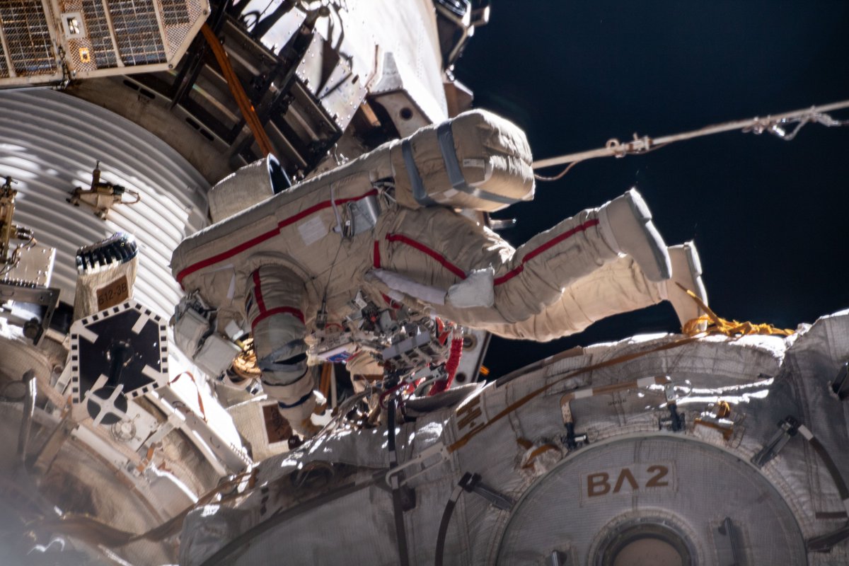 Expedition 65 Flight Engineer and Roscosmos cosmonaut Oleg Novitskiy is pictured during a seven-hour and 19-minute spacewalk to ready the Pirs docking compartment ahead of its upcoming departure.