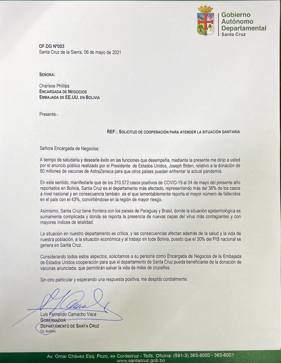 LuisFerCamachoV's tweet photo. En la 1ra semana de gestión enviamos una nota a la Encargada de Negocios de la Embajada de EEUU en Bolivia, solicitando tomar en cuenta a nuestro departamento entre los posibles beneficiarios de las 60 millones de vacunas anunciadas para donación por parte del gobierno americano. https://t.co/gbL9uk2EN7