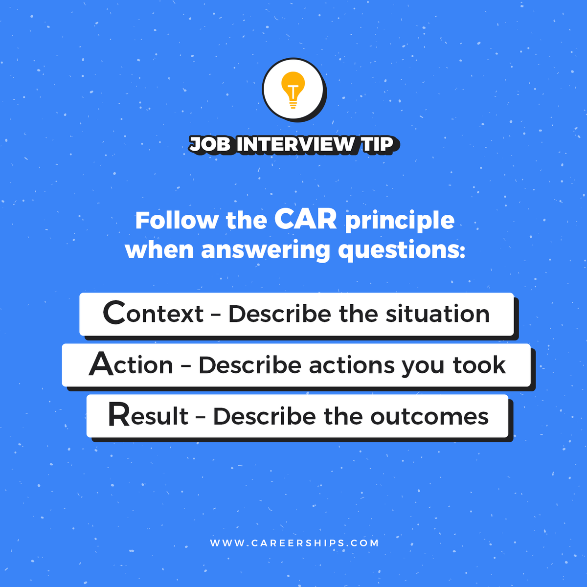 CareershipsLtd's tweet photo. Avoid being vague or going in circles during a job interview. The CAR principle is a very helpful approach in outlining your accomplishments and showing results, which employers are interested to hear. 

#CareerTips #InterviewTips #CareerCoach https://t.co/2h6ZFgI8YC