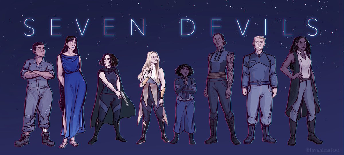 A lineup of 8 characters on a starry purple background. They are a tan butch woman in a rough jumpsuit, A tall white woman in a blue dress with long hair, A short white woman in dark clothes/hair with a blaster gun, a woman with blonde hair in gold/white/black fancy scifi clothes, a Black teen girl in simple scifi jacket, a tall brown skinned woman in a similar shirt with thorny arm tattoos and hair in a bun, a broad white man with short blonde hair, and a Black woman with long hair and a long coat.