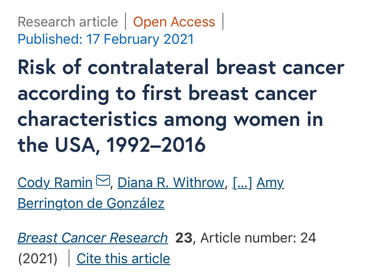Helpful data to include in discussions about contralateral prophylactic #mastectomy (#CPM)...
Risk of contralateral #breastcancer according to first breast cancer characteristics among women in the USA, 1992–2016. bit.ly/3qzMumR
