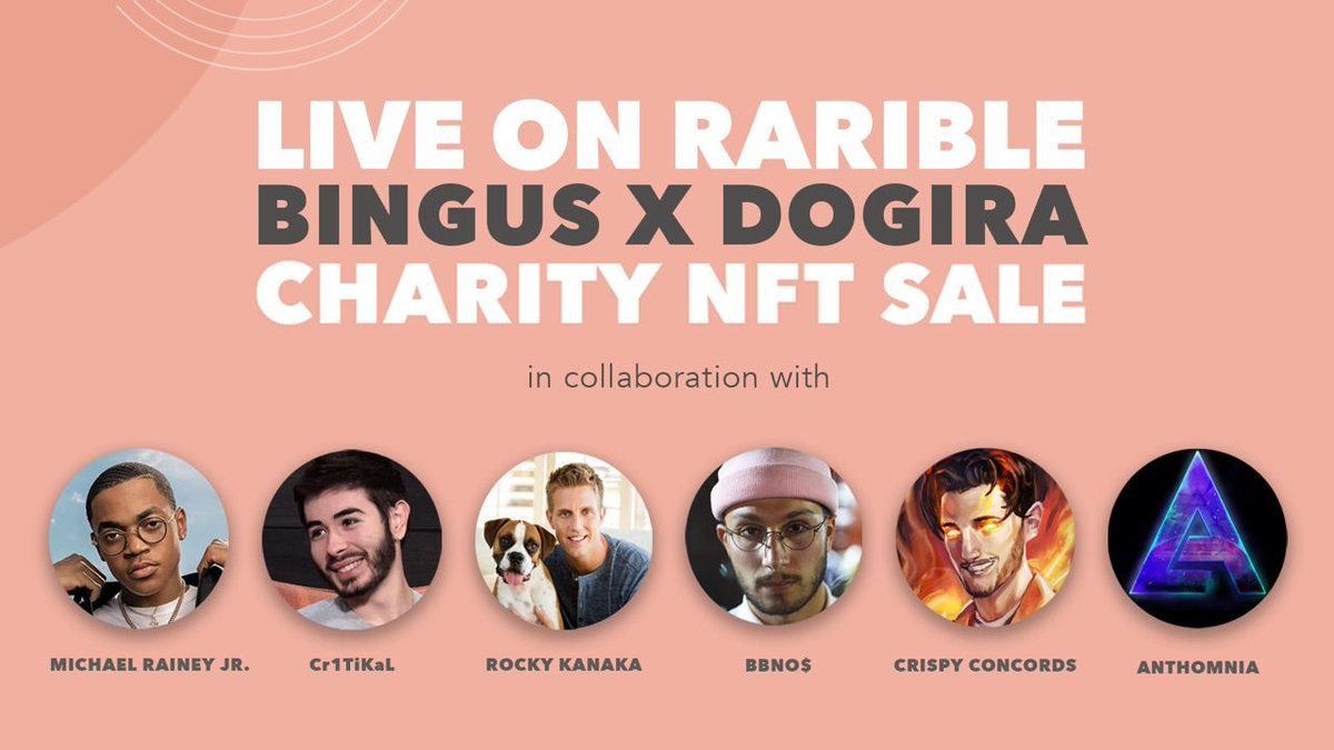We are live! Come get your e x c l u s  i v e  NFT with one of our influencers: <a href="/michaelraineyjr/">Michael Rainey Jr</a> <a href="/MoistCr1TiKaL/">Charlie</a> <a href="/RockyKanaka/">Rocky Kanaka</a>
<a href="/Crispy/">Crispy Concords</a> <a href="/bbnomula/">bbno$ 👶🚫💰</a> <a href="/AnthomniaGAME/">Anthomnia</a>

Click HERE for more details!
rarible.com/dogirabingus?t…

Celebrating with a $1k giveaway: bit.ly/3ijH5zY