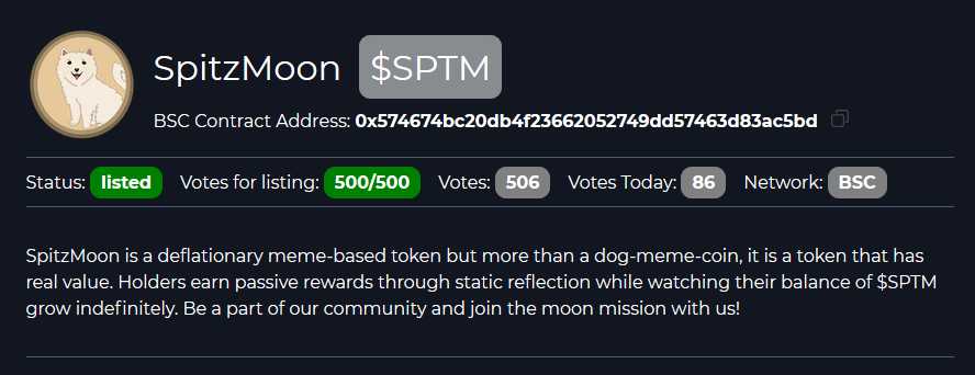SpitzMoon's tweet photo. Thanks for your support, we got over 500 votes on Coinsniper and managed to get listed.🚀🚀🚀 Our next goal is to be at the top!🔝 Your votes are very important to us.🐶 https://t.co/U2hqR2LoOq