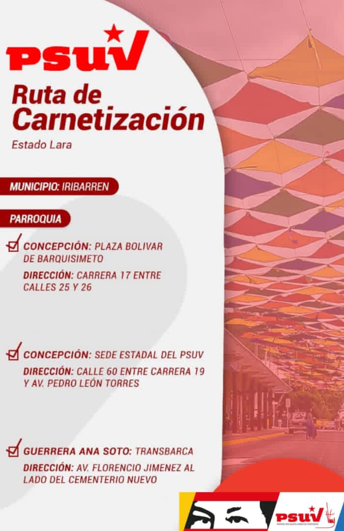 ¡PA' IRIBARREN NOS VAMOS! 🚩🛑

Ahí tendremos a nuestro equipo desplegado trabajando para toda nuestra militancia en la Gran Jornada de Carnetización, Inscripción y Actualización de datos. 

Recuerden enviar un vídeo o fotos del proceso y nos cuentan qué les pareció. 🙋🏽‍♀️🙋🏼‍♂️