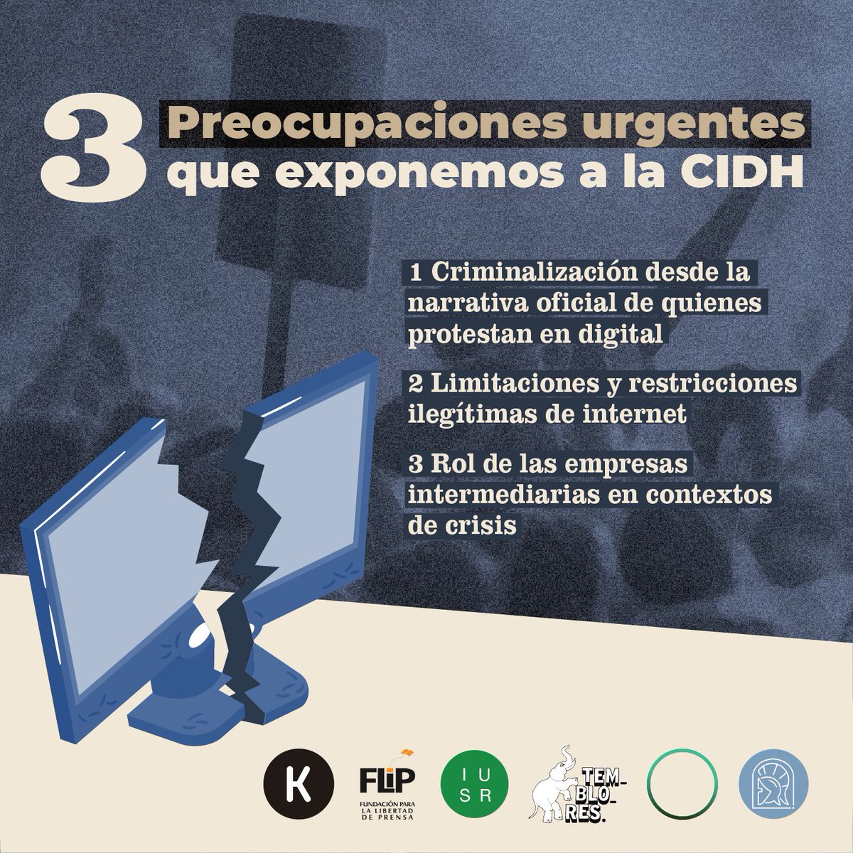 Karisma's tweet photo. ⛔ [Urgente] Días antes de su visita a Colombia, solicitamos a la @CIDH su consideración respecto a 3 aspectos urgentes sobre lo que sucede en el ámbito digital-tecnológico y las violaciones de los derechos humanos en estos contextos durante las protestas. https://t.co/OnvxKBffqn https://t.co/0IPJuvW6gz