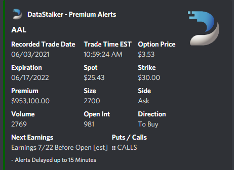 OptionHuntersAI's tweet photo. here is some #UnusualActivity #OptionsFlow we are tracking to learn more join our free discord today! $aal https://t.co/p4FmeFnTna