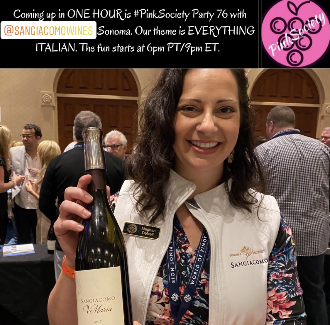 thepinksociety_'s tweet photo. Coming up in ONE HOUR is #PinkSociety Party 76 with @SangiacomoWines Sonoma. Bring a friend and your favorite Italian item. See you at 6pm PT/9pm ET right here. @boozychef @jflorez @_drazzari https://t.co/oSiEi3rAf7