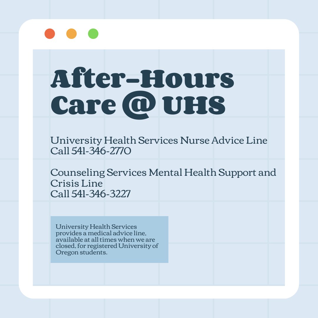 HealthCenterUO's tweet photo. University Health Services provides a medical advice line, available at all times when we are closed, for registered University of Oregon students. So count on us 24/7 by calling our main line: 541-346-2770 and use this great after hours service! https://t.co/cyWAthnOJc