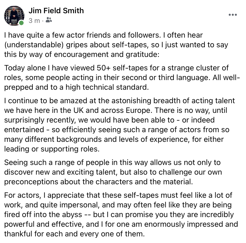 jimfieldsmith's tweet image. Some reflections on self-tapes for any actors on here:
