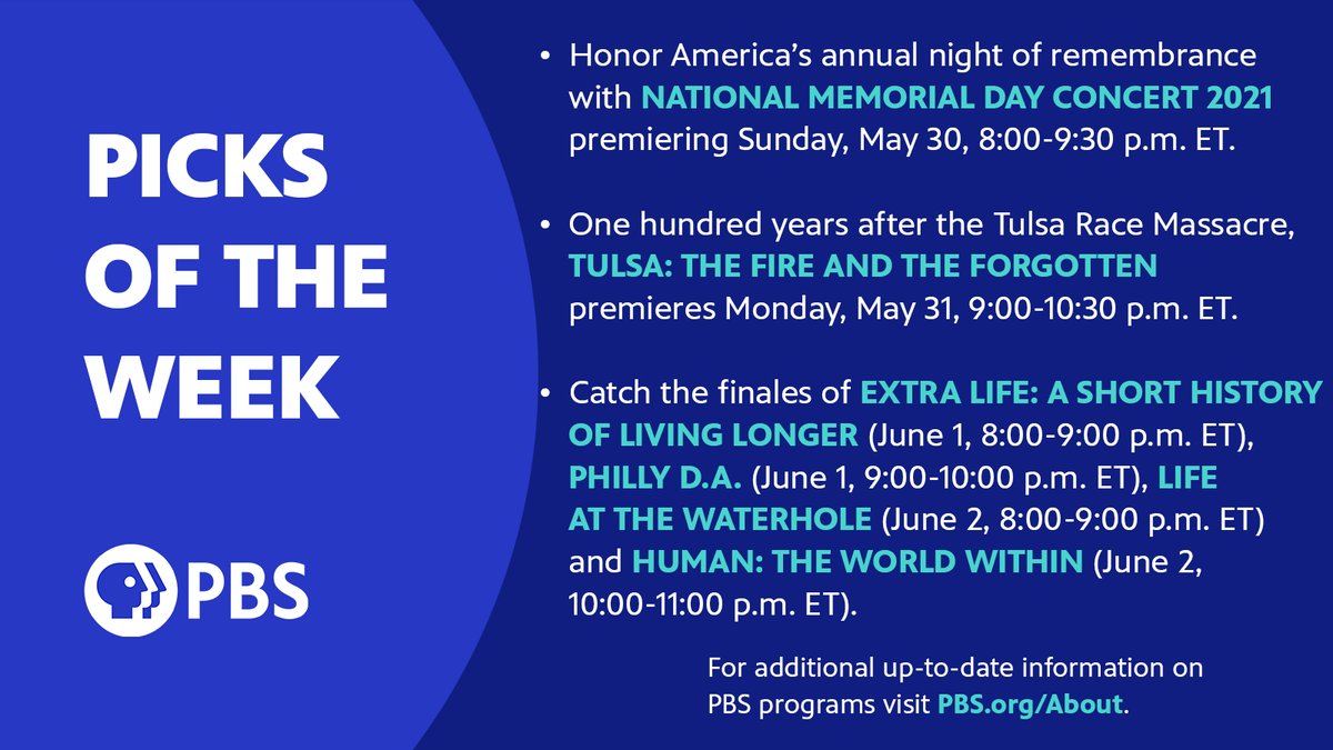 PBS_PR's tweet photo. Don't forget to catch our amazing #PBSPicksOfTheWeek coming up! #MemDayPBS #TulsaMassacrePBS #ExtraLifeProject #PhillyDAonPBS #TheWaterholePBS #HumanPBS https://t.co/XJGntVw8fW