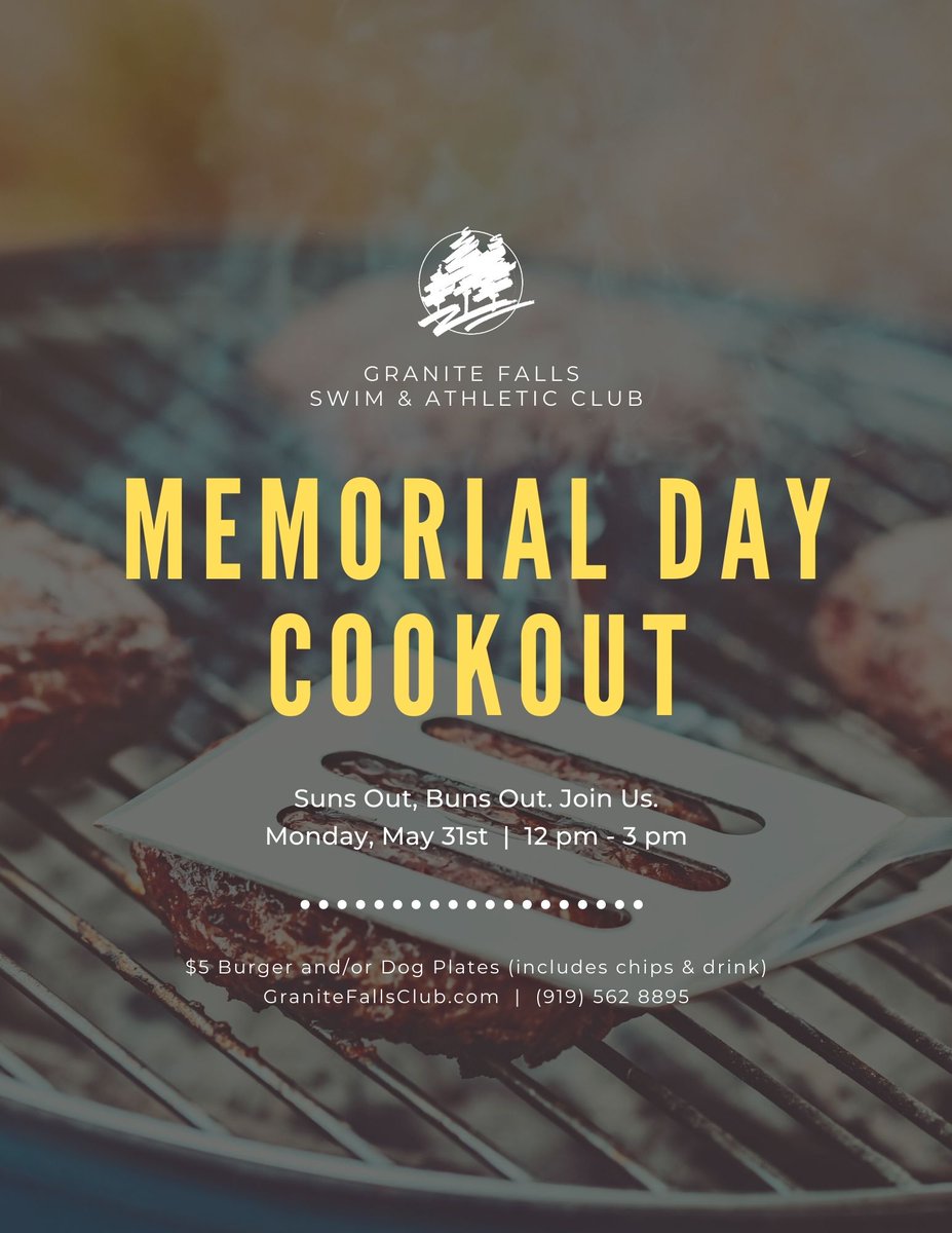 Memorial Day Poolside Cookout

We are firing up the grill! Monday, May 31st. 12 pm - 3 pm. Join Us.

$5 burger and/or hot dog plates (includes chips &amp; drink)