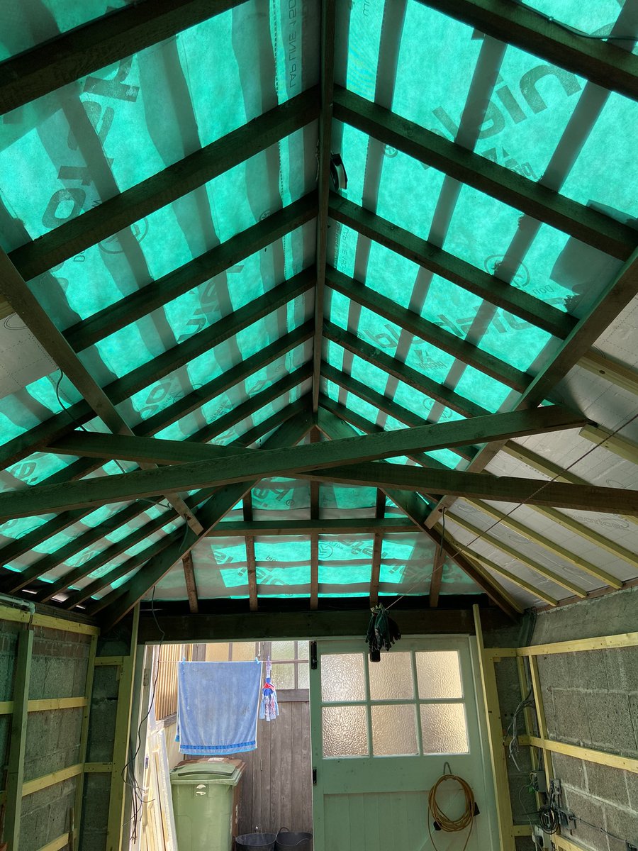 stevefjames1's tweet photo. Current garage conversion for use as workshop and utility room, keeping original roof timbers with new breathable felt and battens with reclaimed slates to finish @stevefjames1 @1TallulahJames https://t.co/JlNdiYKzBy