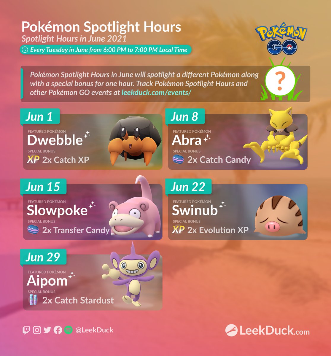 LeekDuck's tweet photo. June Pokémon Spotlight Hour Schedule

• Pokémon Spotlight Hour takes place every Tuesday from 6 pm to 7 pm local time.

Track Spotlight Hours: https://t.co/BSJxXyywbx https://t.co/ouXPWnKCOg