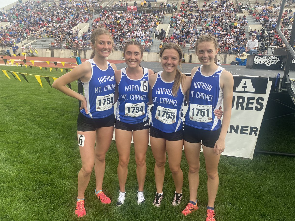 TrackInKansas's tweet photo. Your class 5A girls 4x800 state champion: Kapaun Mt. Carmel: Bruening, Curtis, Berends, Bina. 
These girls wanted to make sure we included a picture with their state meet alternates too. 
“They got us here.” https://t.co/VOOGOVXKkH