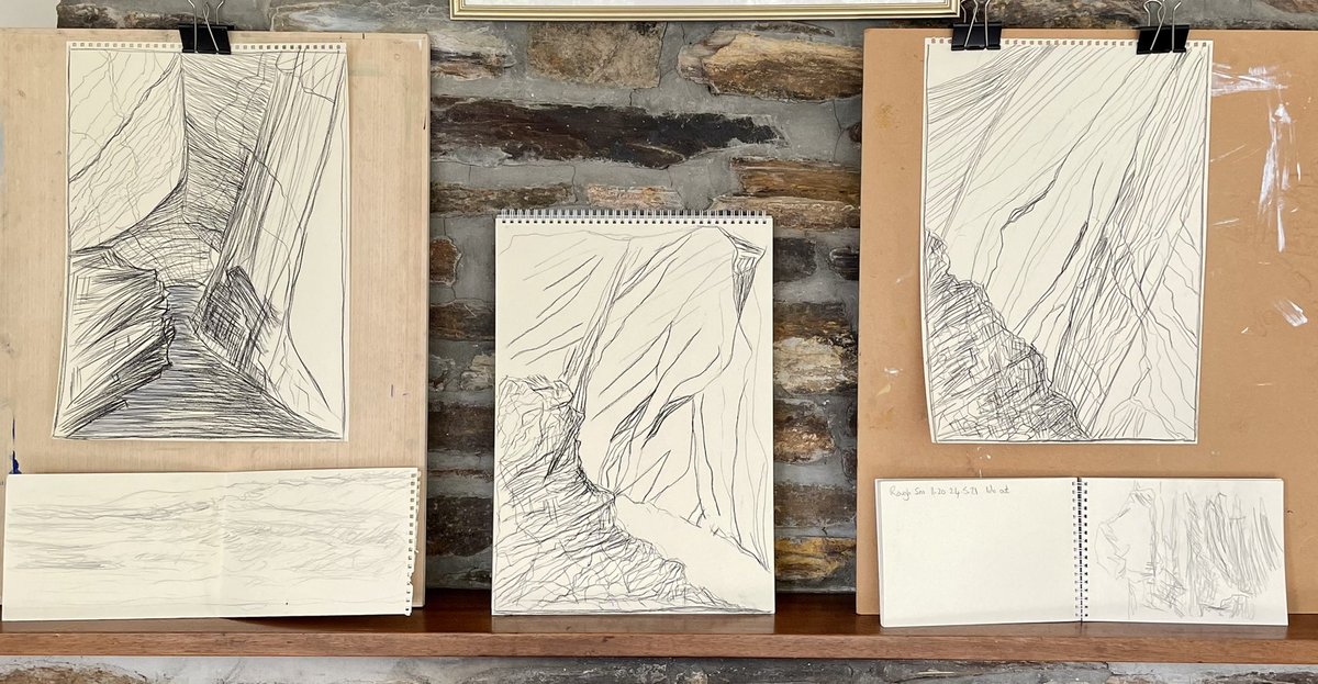 ClareThatcher2's tweet image. A few wonderful days drawing by the sea in Cornwall. Looking, thinking &amp;amp; enjoying what the tide has to offer 😎
#composition #differentviewpoints #research #inspiration #drawing #sketchbook #observational #rockformations #sea #minibreak