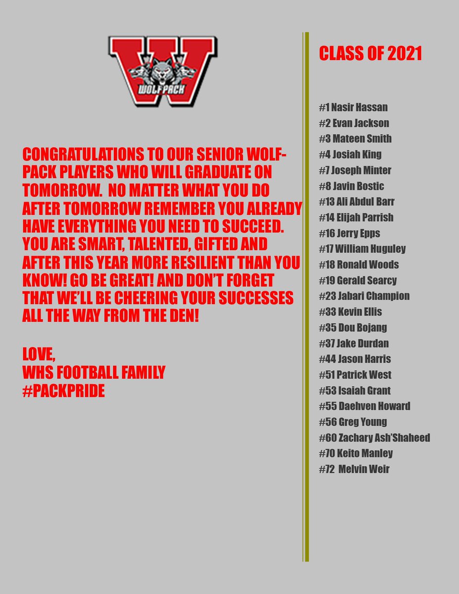 Congratulations to all of our Wolfpack Seniors!!! 🐺💯
<a href="/AliAbdulBarr/">Ali Abdul-Barr</a> <a href="/hassan_humble/">HumbleHassan</a> <a href="/Pat41588729/">Patrick west</a> <a href="/jay12_harris/">Jason Harris</a> <a href="/BestBostic/">Javin Bostic</a> <a href="/KevinEllis3_/">Kevin Ellis³³</a> @Trxllville <a href="/JosiahK22376977/">Josiah King</a> <a href="/keito70manley/">Keito manley</a> <a href="/ElijahParrish10/">ElijahParrish</a>