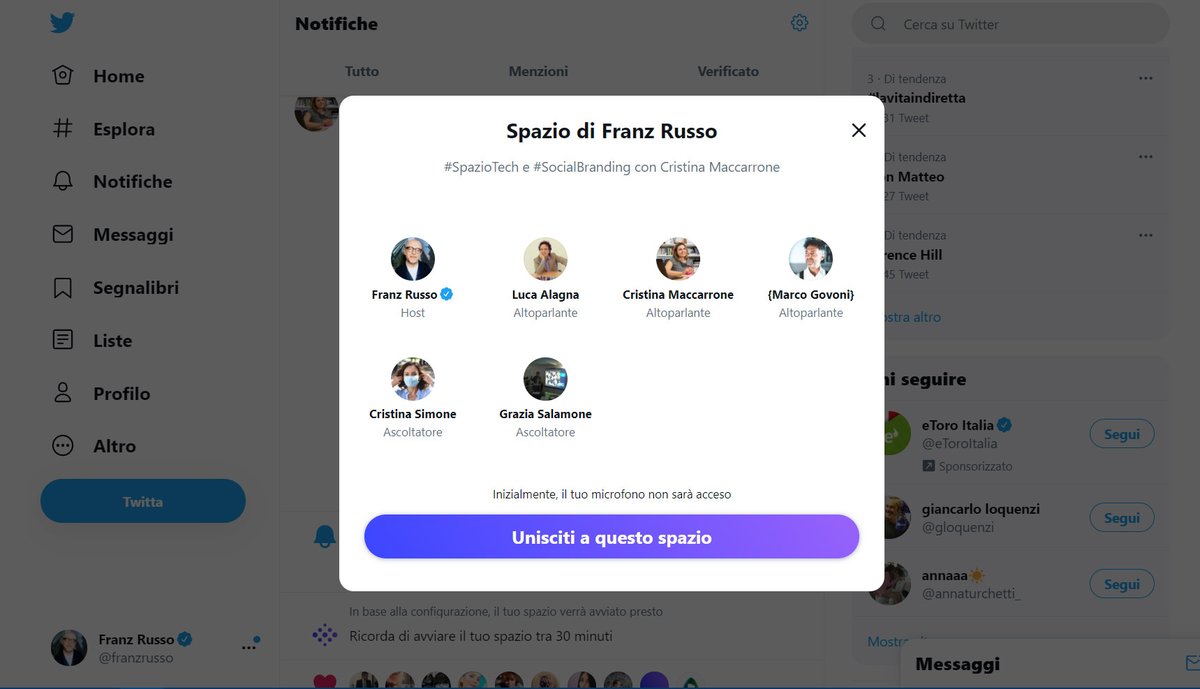 #TwitterSpaces, ci si può unire anche da #desktop e web. Ecco come si vede dallo screen, fatto all'inizio dello #SpazioTech di oggi con <a href="/macca/">macca</a> su  #SocialBranding. E grazie a tutti quelli che vi hanno partecipato 
👇 
franzrusso.it/condividere-co…