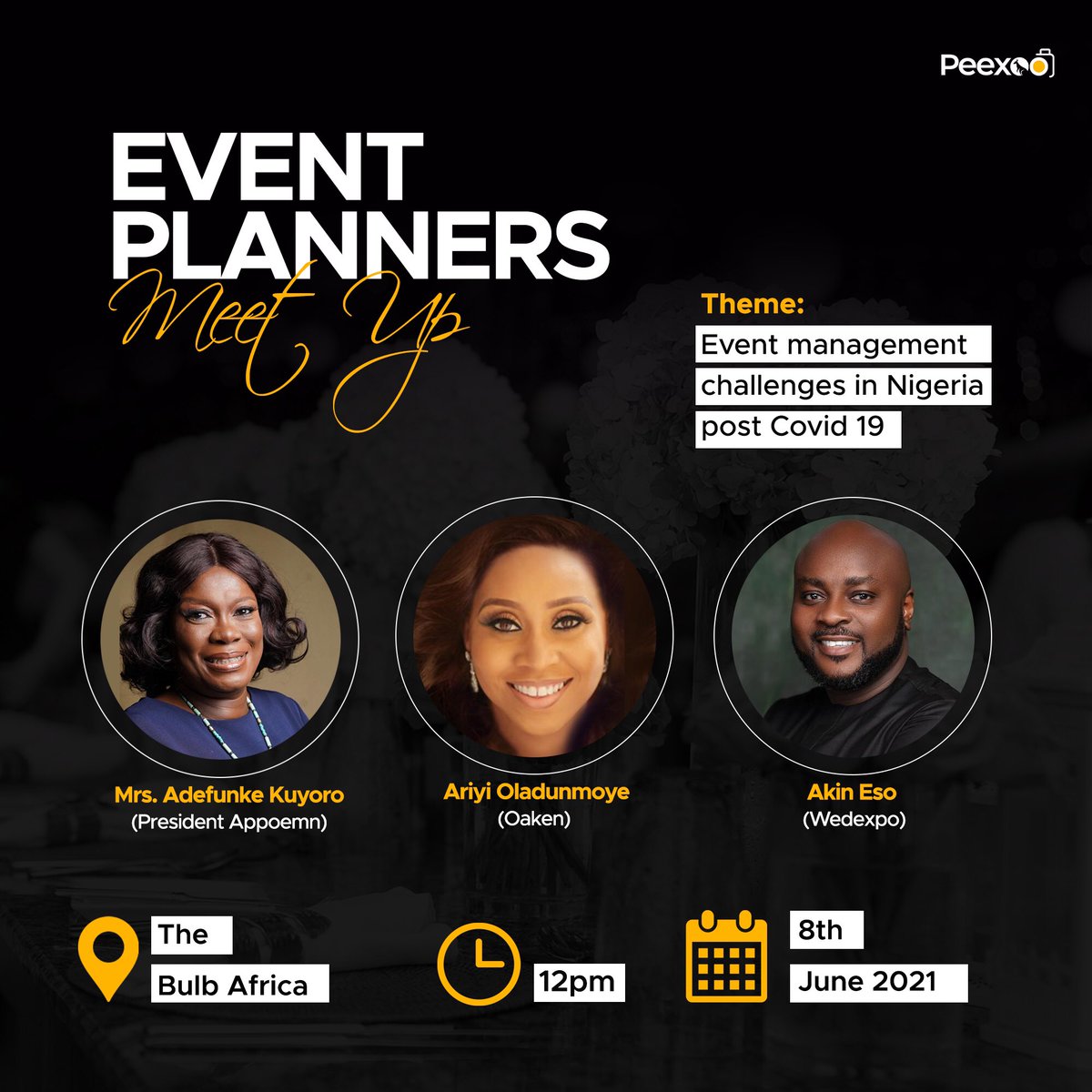 Peexoo_ai's tweet photo. We’ve brought together influential event planners at the “Event planners meet up” on the 8th of June,2021. 

Are you an event planner? Has COVID-19 affected your event management career? 

Network and discover business secrets from the biggest names 
https://t.co/F1aiuV7jNi https://t.co/C0KVDigFlJ