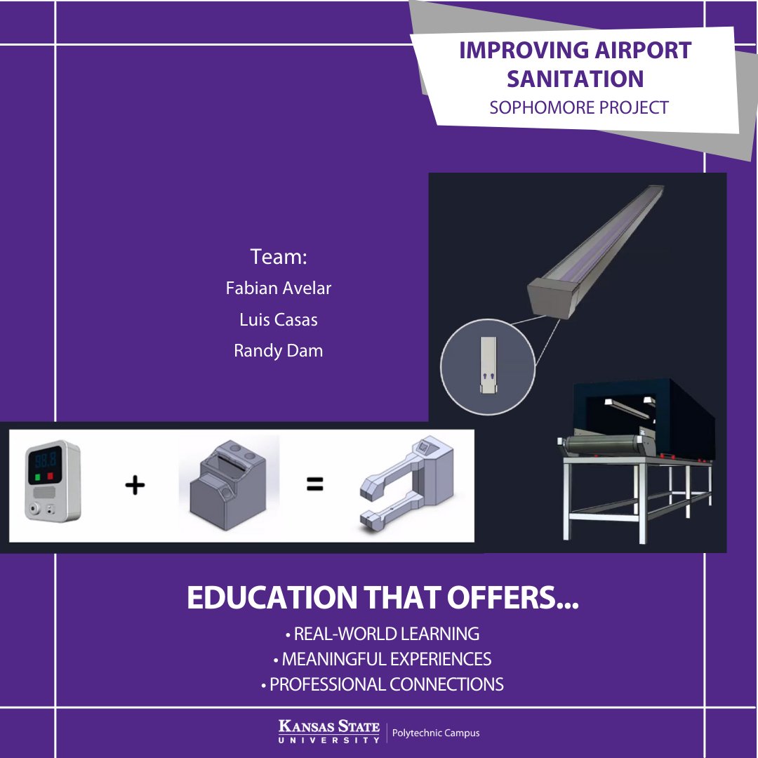KSU_Salina's tweet photo. Sophomores Fabian Avelar, Luis Casas and Randy Dam used their end-of-year project to investigate innovative solutions for airport security processes, to increase sanitation and hygiene practices through automation.

#KStatePolytechnic #ExperienceMatters https://t.co/wDadiWVRa3