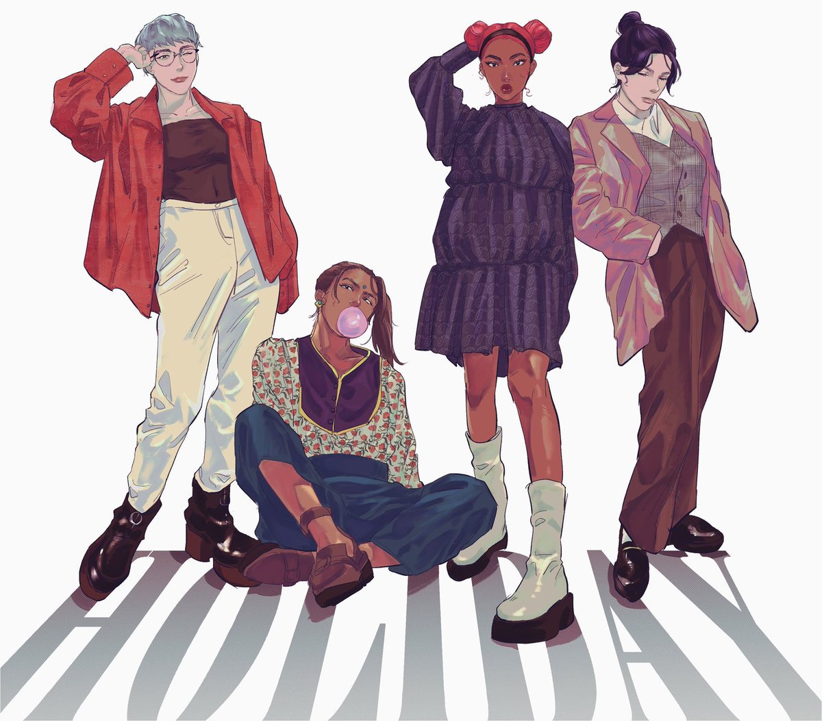 4girls multiple girls dark skin dark-skinned female hair bun hair behind ear pants  illustration images