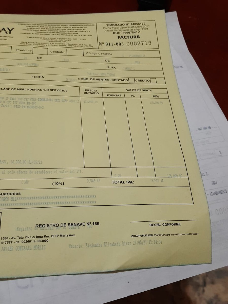 ParlamentoAgro's tweet photo. Don Virgilio Alfonso, productor de la zona de Yatytay, Itapua, se compró de forma financiada una nueva sembradora. Y decidió enviarnos la factura para mostrarnos que solo con eso paga 9.545,00 u$s de IVA. Está harto dice de escuchar que los AGRICULTORES no pagan nada. https://t.co/hnQsX8kzOF