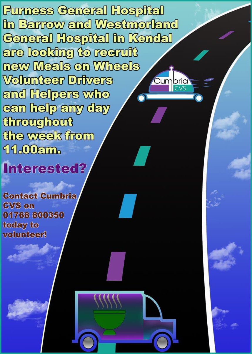 Patient Experience UHMBT ๐ป (@puhmbt) on Twitter photo We are recruiting volunteer meals on wheels drivers and helpers for Barrow and Kendal. <a href="/WGHCatering/">WGH Catering</a> <a href="/UHMBT/">MorecambeBayNHSTrust</a> <a href="/cateringUHMBT/">cateringUHMBT</a> <a href="/CumbriaCVS/">Cumbria CVS</a> See the poster for more information. ๐ฝ We are recruiting volunteer meals on wheels drivers and helpers for Barrow and Kendal. <a href="/WGHCatering/">WGH Catering</a> <a href="/UHMBT/">MorecambeBayNHSTrust</a> <a href="/cateringUHMBT/">cateringUHMBT</a> <a href="/CumbriaCVS/">Cumbria CVS</a> See the poster for more information. ๐ฝ